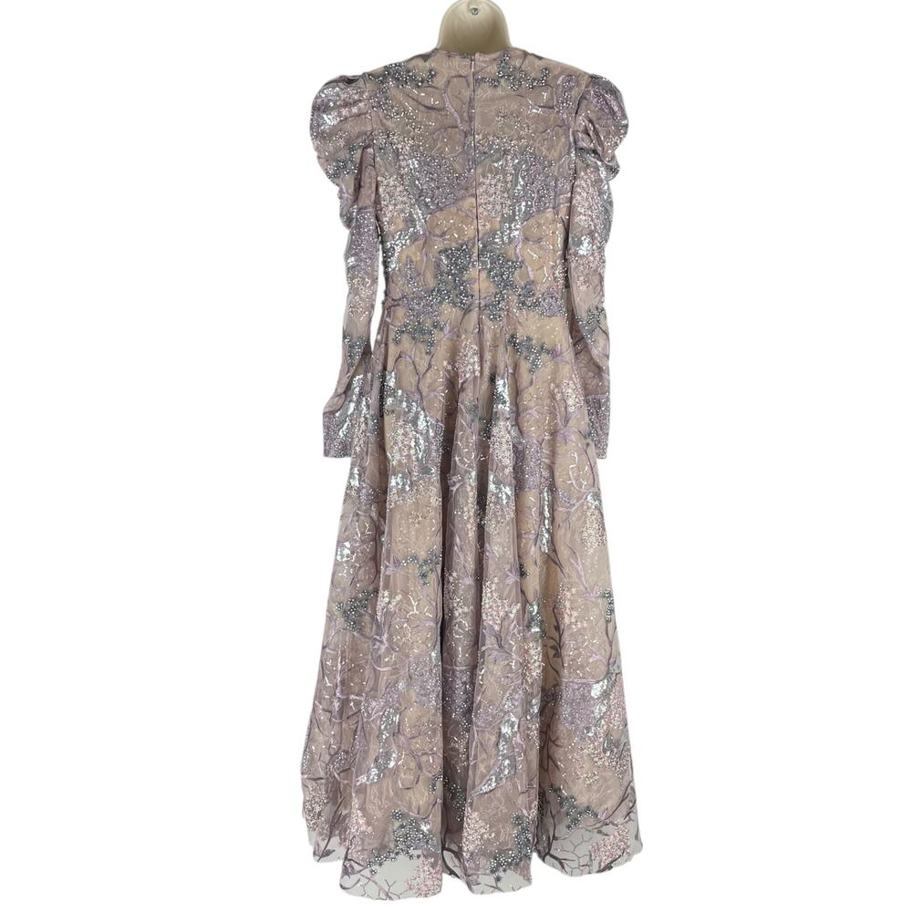 Mac Duggal Embellished High Neck Puff Sleeve A-Line Dress Taupe Size 6 - Picture 10 of 14